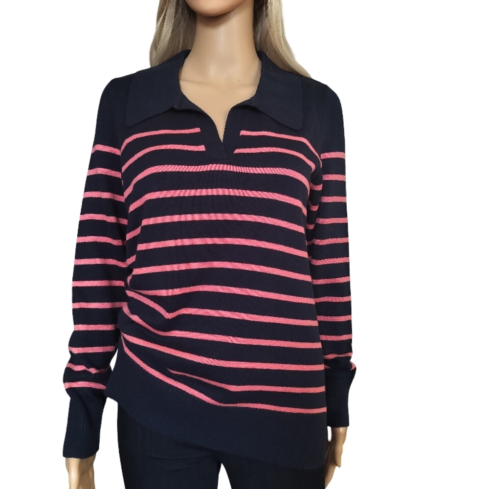 Style & Co. Black and Pink Striped V-Neck Sweater
